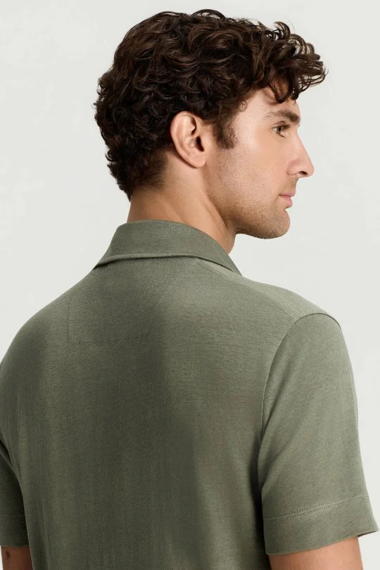 Saf Keten Kısa Kollu Haki Gömlek