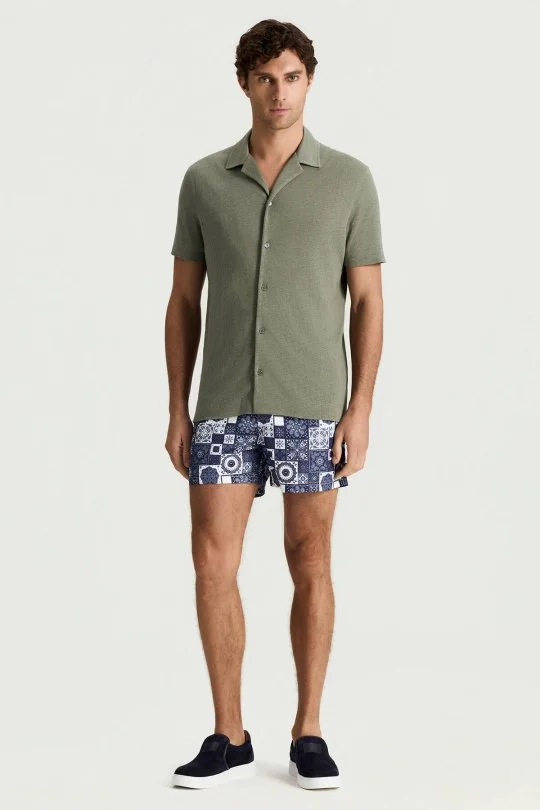 Saf Keten Kısa Kollu Haki Gömlek