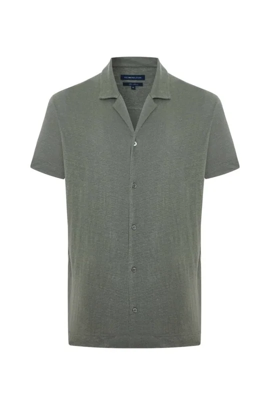 Saf Keten Kısa Kollu Haki Gömlek