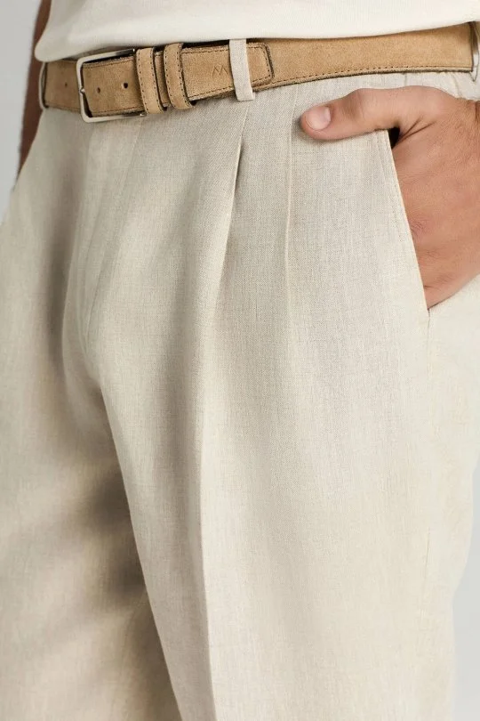 Saf Keten Krem Rengi Pileli Pantolon