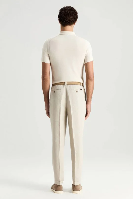 Saf Keten Krem Rengi Pileli Pantolon