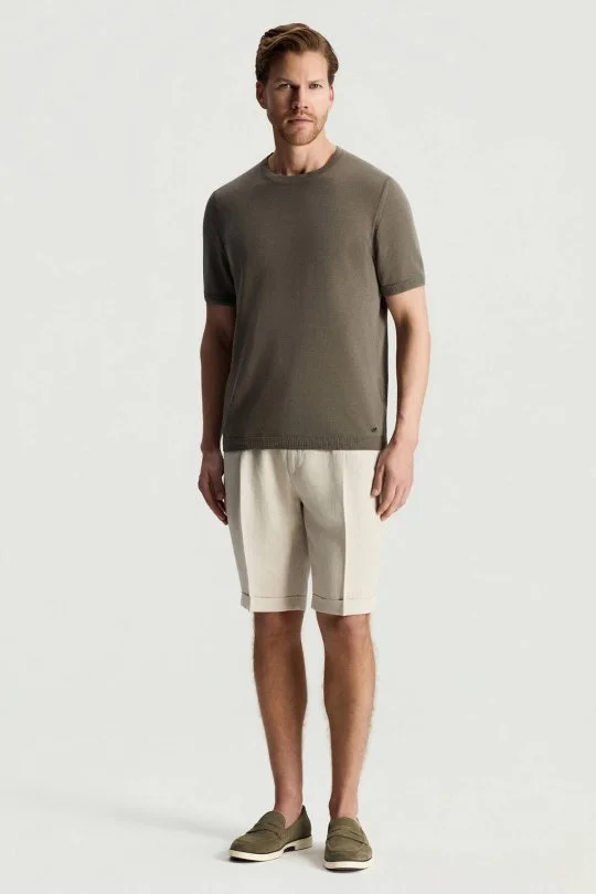 Saf Keten Krem Pileli Şort