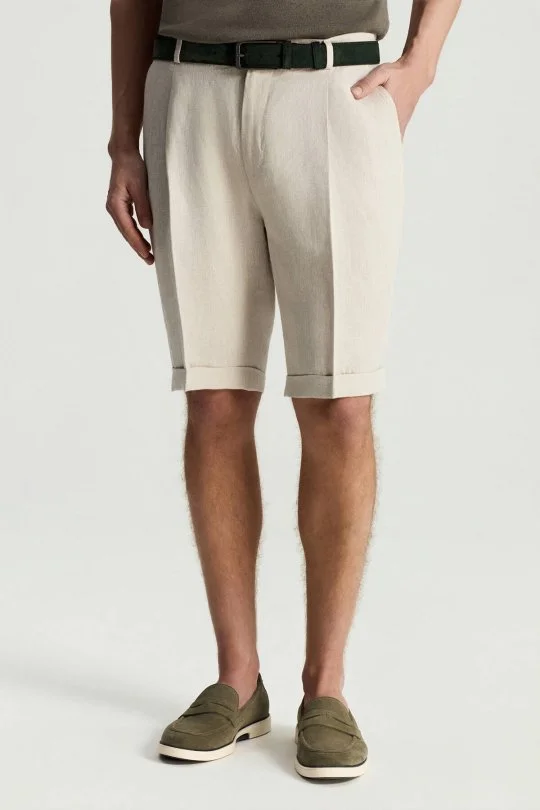Saf Keten Krem Pileli Şort