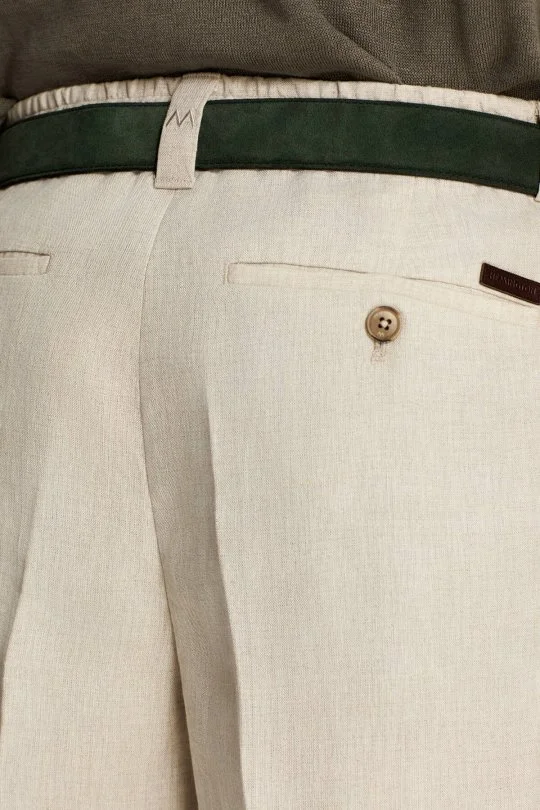 Saf Keten Krem Pileli Şort