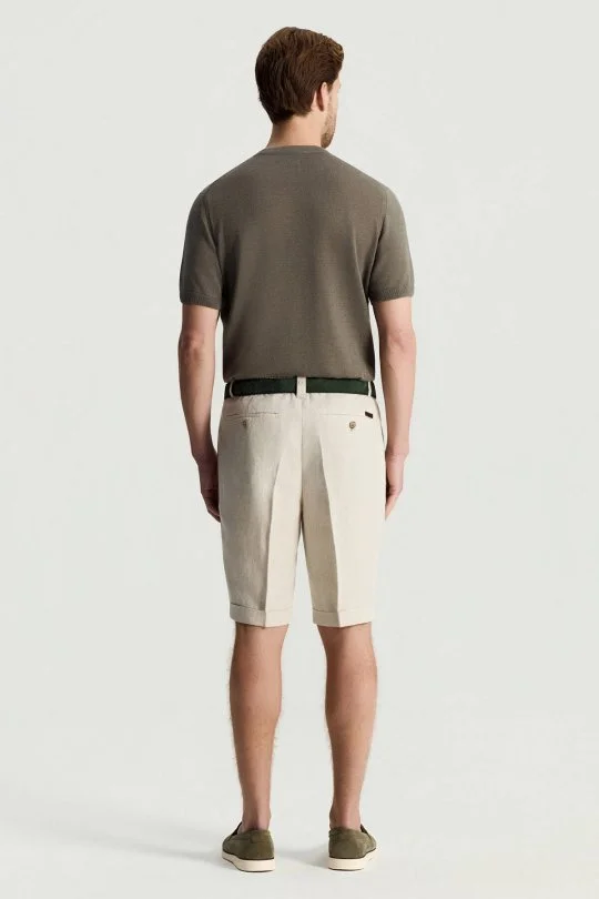 Saf Keten Krem Pileli Şort