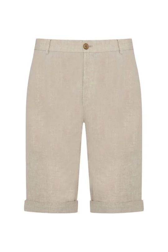 Saf Keten Krem Pileli Şort