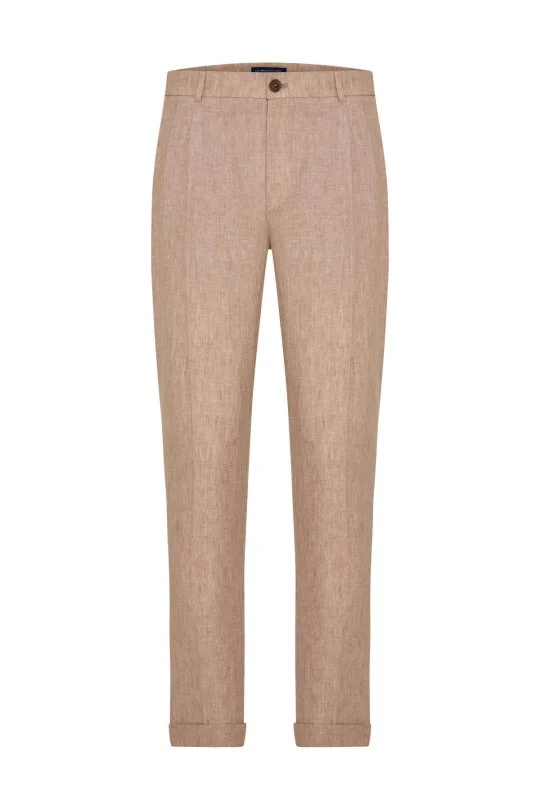 Saf Keten Kum Rengi Pileli Pantolon