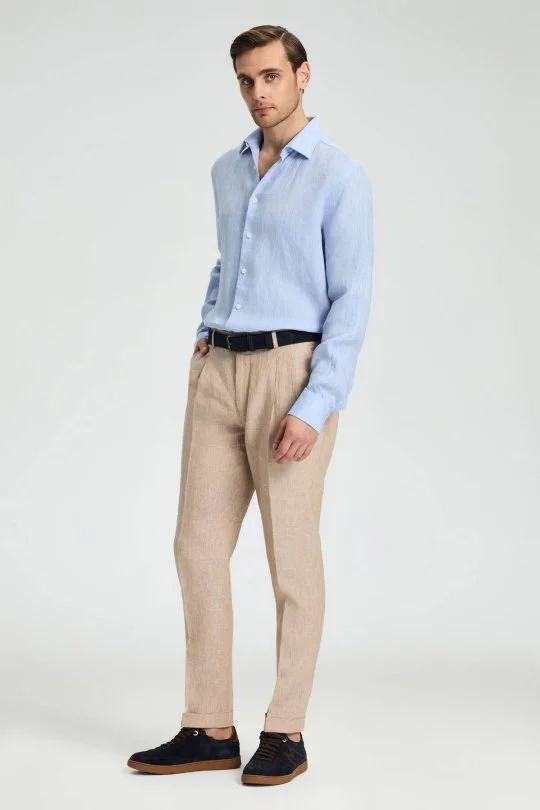 Saf Keten Kum Rengi Pileli Pantolon