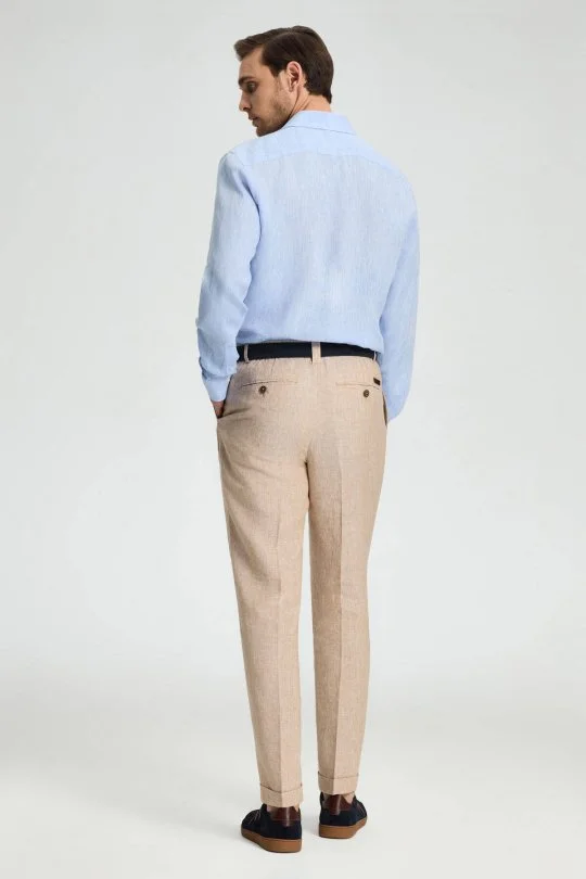 Saf Keten Kum Rengi Pileli Pantolon