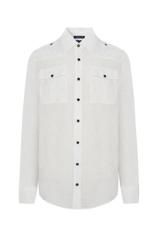 Saf Keten Metal Düğmeli Beyaz Safari Gömlek