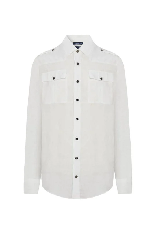 Hemington - Saf Keten Metal Düğmeli Beyaz Safari Gömlek (7)