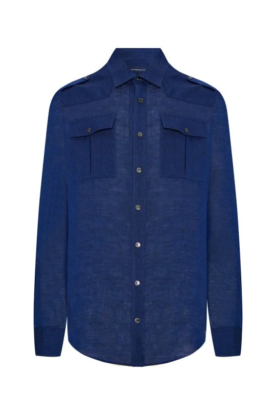 Saf Keten Metal Düğmeli Lacivert Safari Gömlek