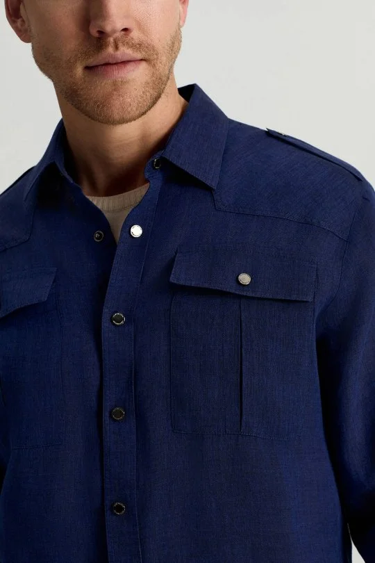 Saf Keten Metal Düğmeli Lacivert Safari Gömlek