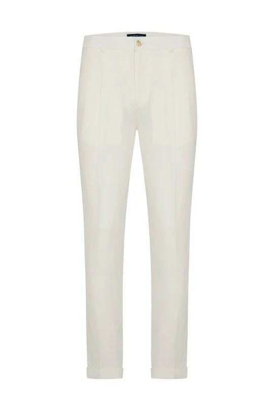 Saf Keten Beyaz Pileli Pantolon