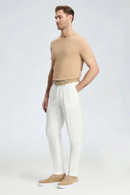 Saf Keten Beyaz Pileli Pantolon