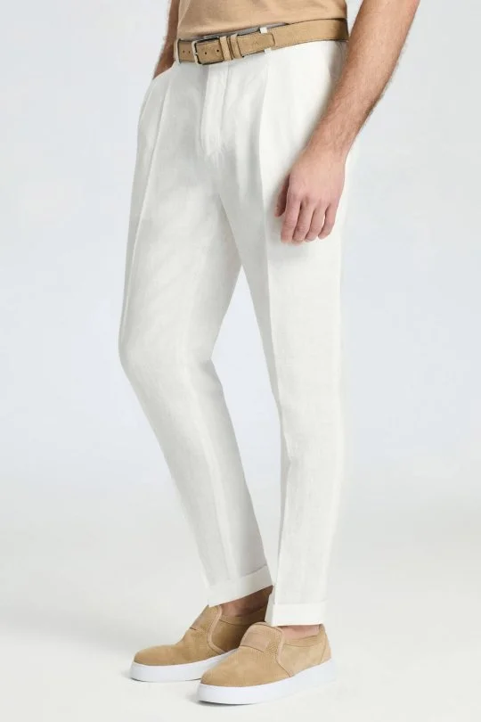 Saf Keten Beyaz Pileli Pantolon