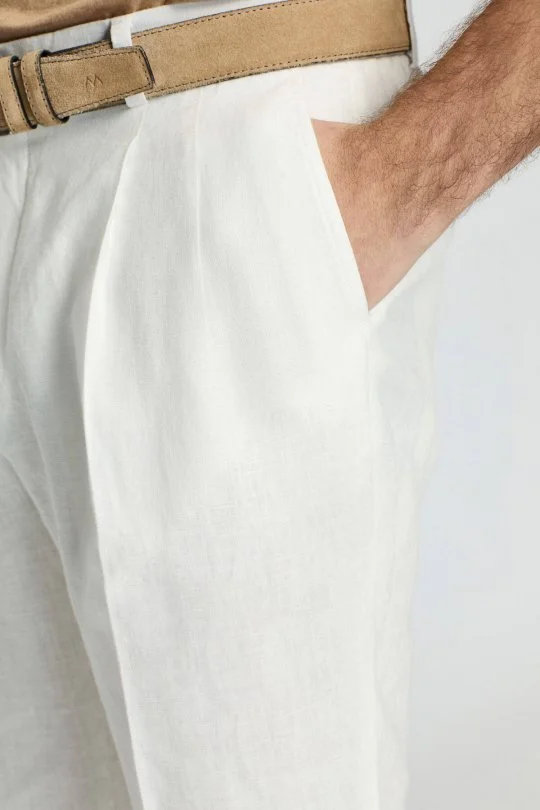 Saf Keten Beyaz Pileli Pantolon