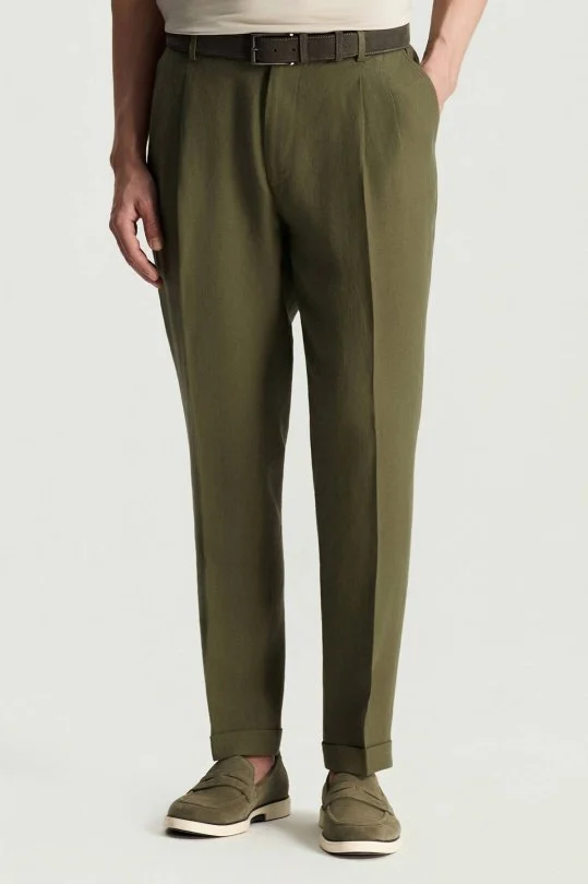 Hemington - Saf Keten Haki Pileli Pantolon (2)