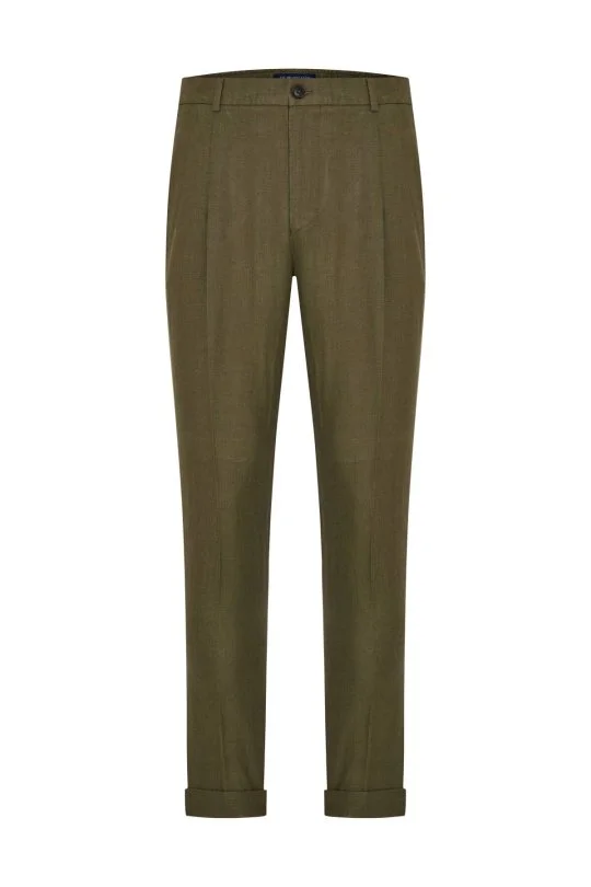 Hemington - Saf Keten Haki Pileli Pantolon (6)