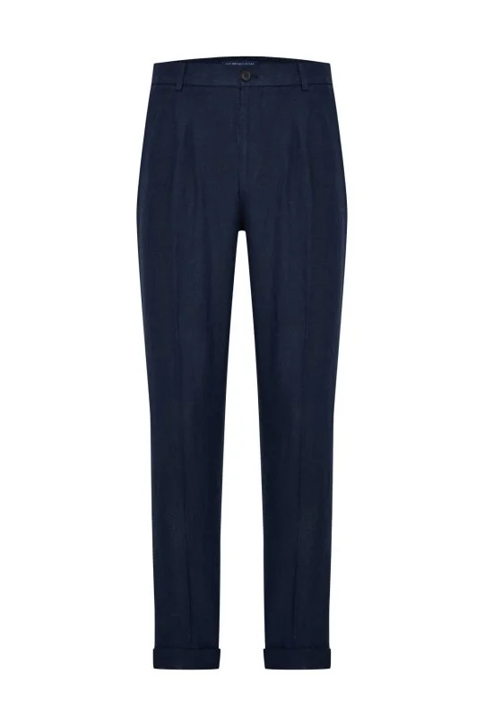 Saf Keten Lacivert Pileli Pantolon