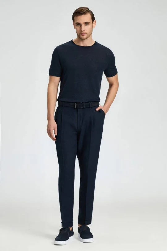 Saf Keten Lacivert Pileli Pantolon