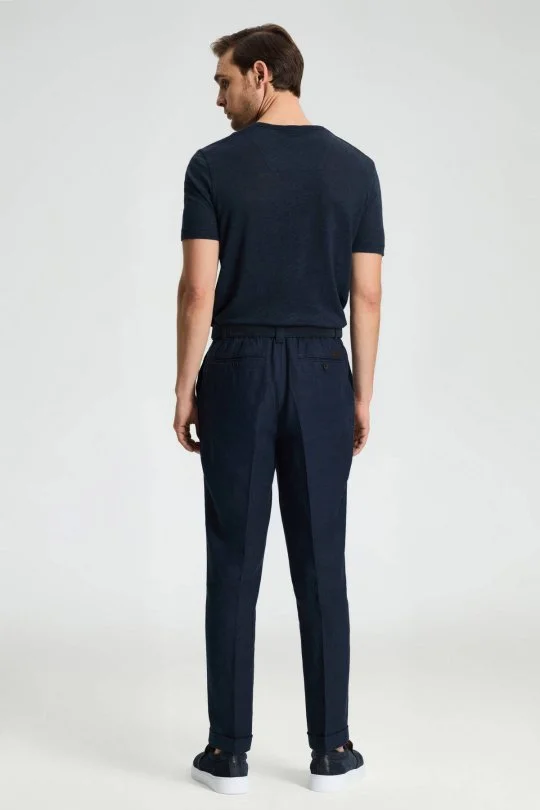 Saf Keten Lacivert Pileli Pantolon