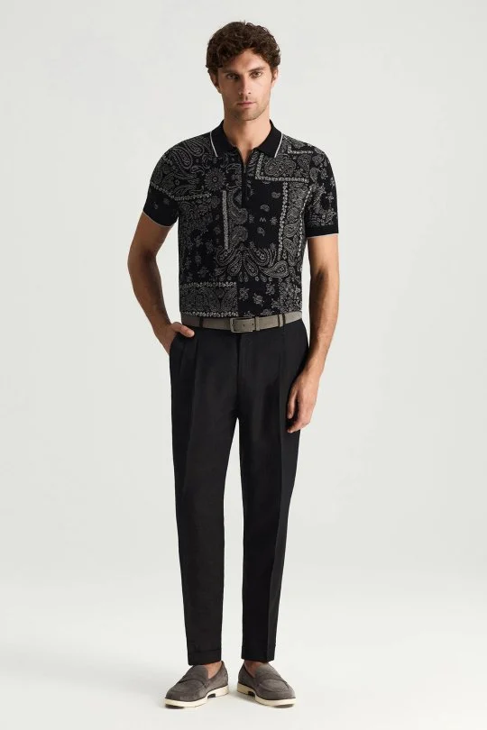 Saf Keten Siyah Pileli Pantolon