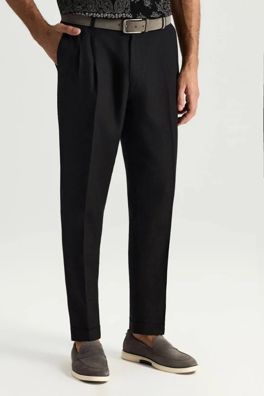 Saf Keten Siyah Pileli Pantolon