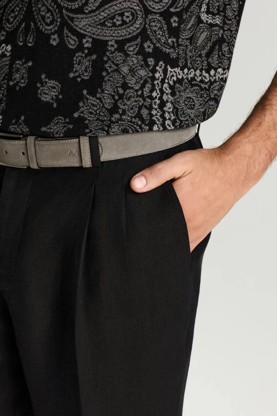 Saf Keten Siyah Pileli Pantolon