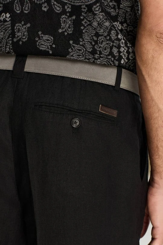 Saf Keten Siyah Pileli Pantolon