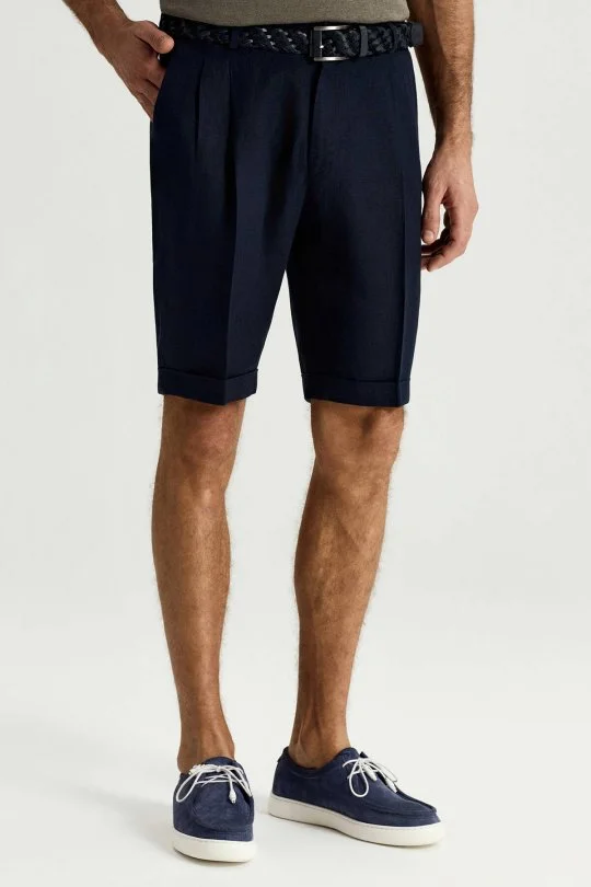 Saf Keten Lacivert Pileli Şort