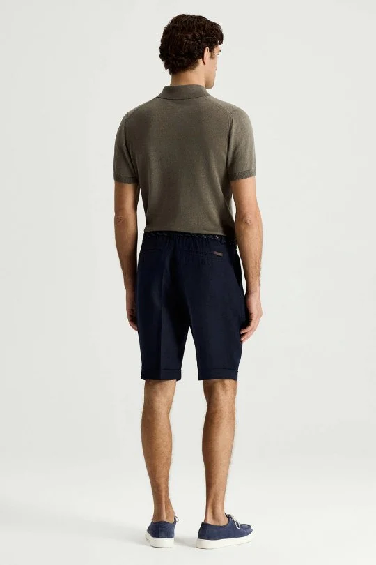 Saf Keten Lacivert Pileli Şort