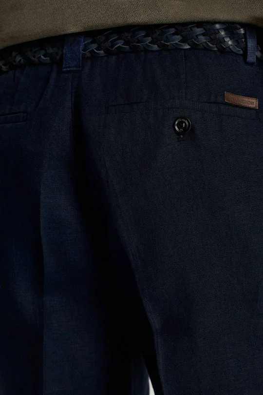 Saf Keten Lacivert Pileli Şort