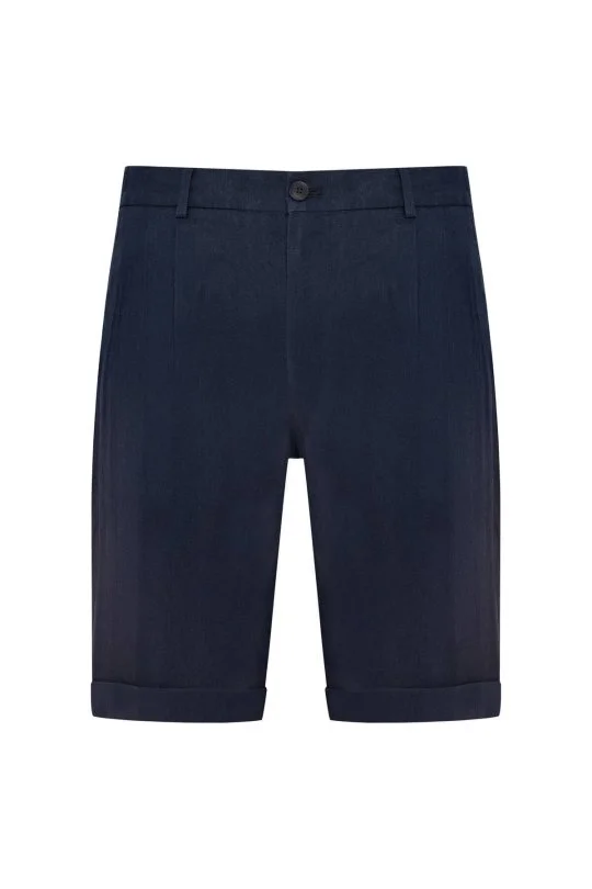 Saf Keten Lacivert Pileli Şort