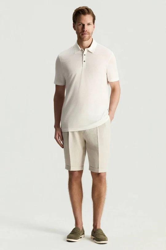 Saf Keten Beyaz Polo Yaka T-Shirt