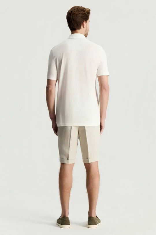 Saf Keten Beyaz Polo Yaka T-Shirt