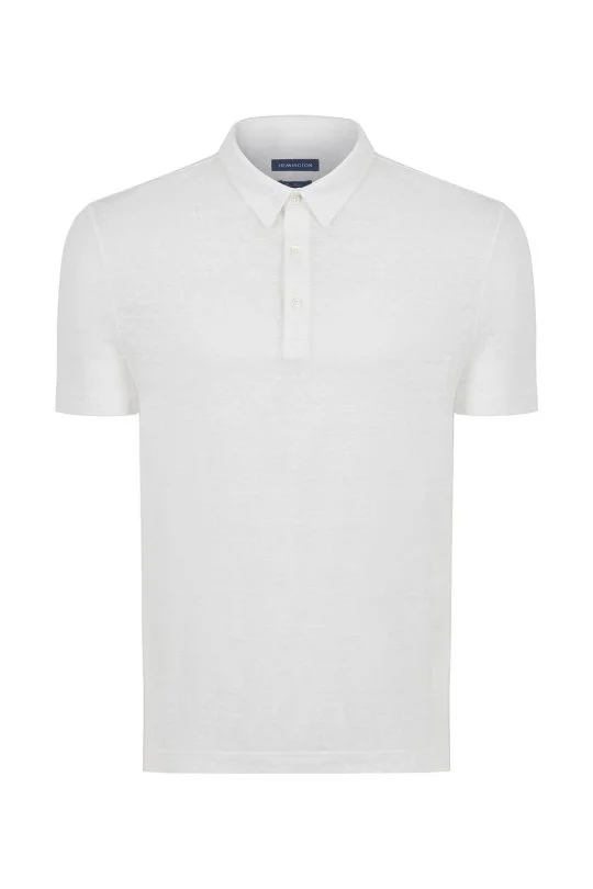 Saf Keten Beyaz Polo Yaka T-Shirt