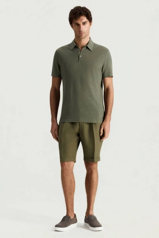 Saf Keten Haki Polo Yaka T-Shirt