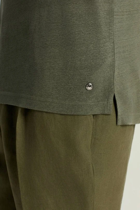 Saf Keten Haki Polo Yaka T-Shirt