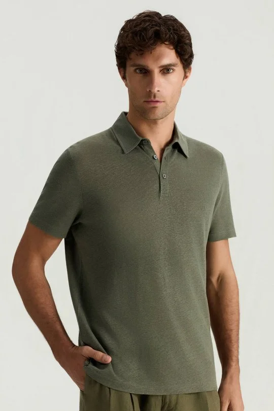 Saf Keten Haki Polo Yaka T-Shirt