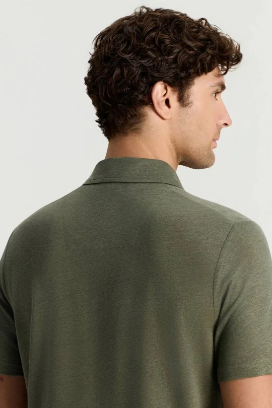 Saf Keten Haki Polo Yaka T-Shirt