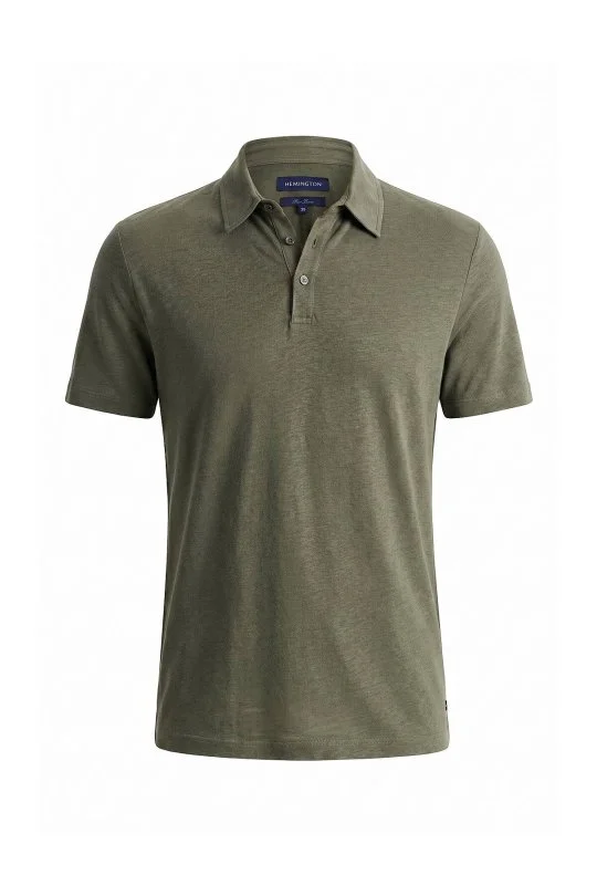 Saf Keten Haki Polo Yaka T-Shirt