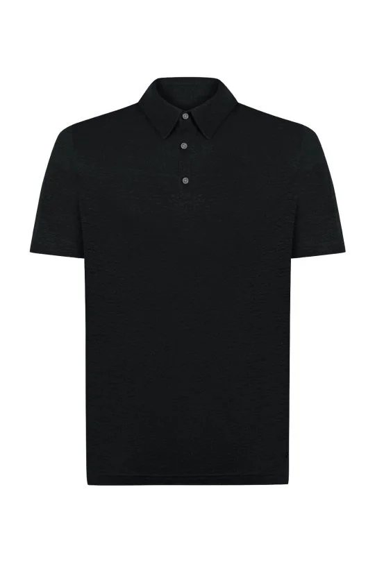 Saf Keten Siyah Polo Yaka T-Shirt