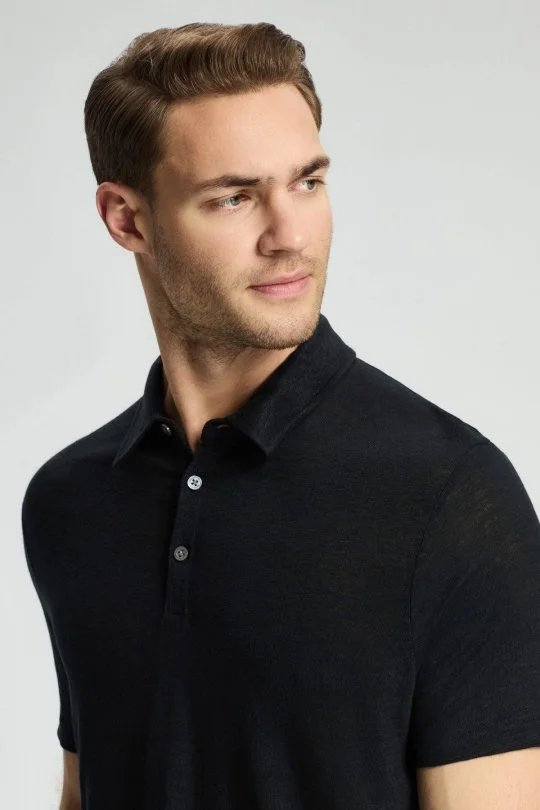 Saf Keten Siyah Polo Yaka T-Shirt