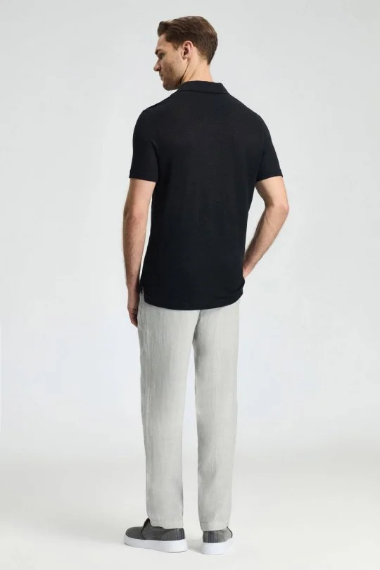 Saf Keten Siyah Polo Yaka T-Shirt