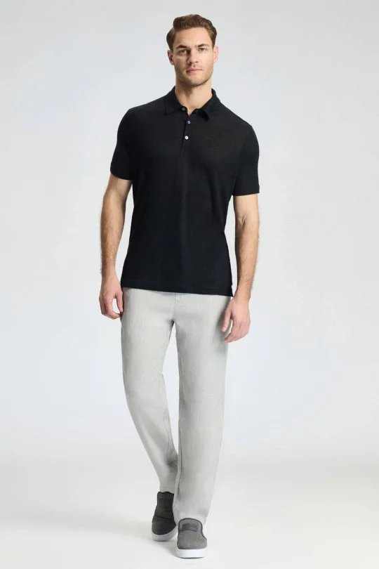 Saf Keten Siyah Polo Yaka T-Shirt