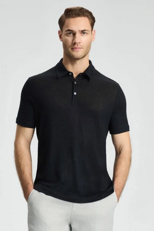 Saf Keten Siyah Polo Yaka T-Shirt