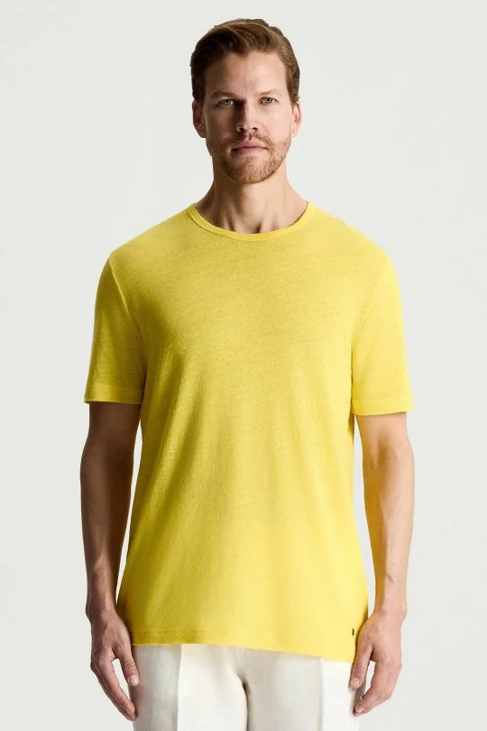 Saf Keten Sarı Bisiklet Yaka T-Shirt