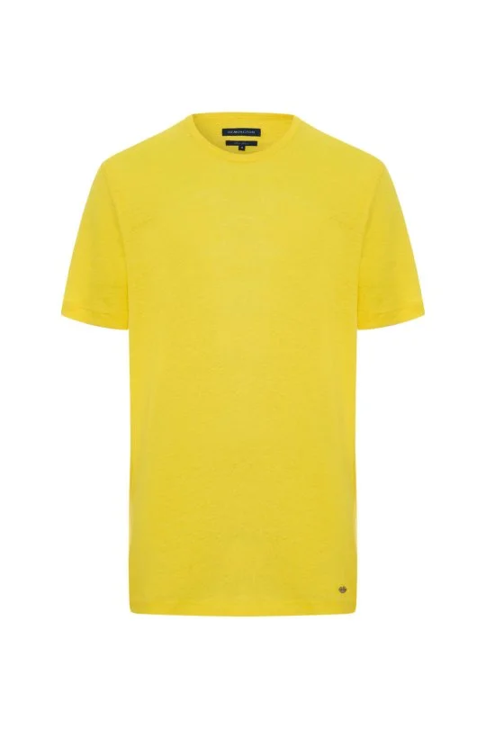 Saf Keten Sarı Bisiklet Yaka T-Shirt