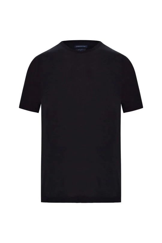 Saf Keten Siyah Bisiklet Yaka T-Shirt